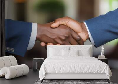 Two men shake hands in a business setting. Concept of professionalism and trust between the two individuals Wall mural