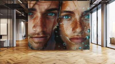 Two people are in a pool with water droplets on their faces Wall mural