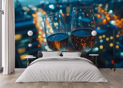 Two wine glasses are filled with wine and placed on a table. The city lights in the background create a warm and inviting atmosphere Wall mural