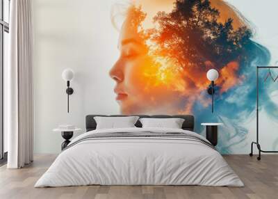 With in the area with a white background, the Double Exposure of the person, family, woman reflects a joyful expression. A livable world happy concept. Wall mural