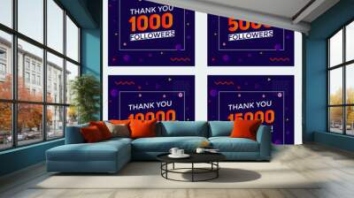 set of thank you followers colorful banner. Thank you followers Banners, 1000, 5000, 10000. 15000 followers, social midea banner Wall mural