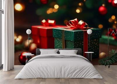 Beautiful Christmas gift boxes with ribbon on floor with perfect x-mas background. Generative ai Wall mural