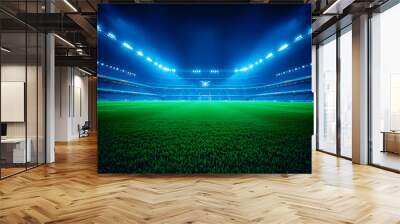 Sports Stadium with Green Grass Field and Blue Spotlights, Nighttime Splendor, Sports tournament, world championship Photography. Generative AI. Wall mural