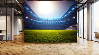 Sports Stadium with Green Grass Field and Blue Spotlights, Nighttime Splendor, Sports tournament, world championship Photography. Generative AI. Wall mural