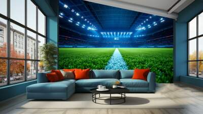 Sports Stadium with Green Grass Field and Blue Spotlights, Nighttime Splendor, Sports tournament, world championship Photography. Generative AI. Wall mural