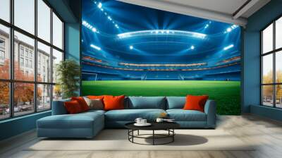 Sports Stadium with Green Grass Field and Blue Spotlights, Nighttime Splendor, Sports tournament, world championship Photography. Generative AI. Wall mural