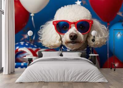 Cute funny poodle dog wearing sunglasses celebrating american national holiday on blue background with festive red and blue party balloons Wall mural