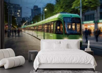 Electric green tram driving in city downtown in the evening, motion blur. Eco friendly sustainable public transport Wall mural