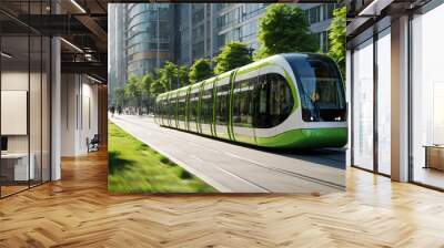 Electric green tram driving in green city downtown, motion blur. Eco friendly sustainable public transport  Wall mural