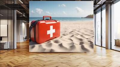 First aid kit and medical emergency equipment on beach sand. Red first aid bag	and sea. Injury on summer vacation Wall mural