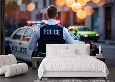 Policeman wearing police vest is standing with his dog on the street next to police car with city night lights. Street crime, safety concept Wall mural