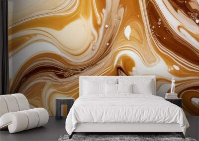 Texture pattern of liquid caramel with milk, dulche de leche, salted caramel dessert. Top view of sweet brown white liquid with bubbles and swirls Wall mural