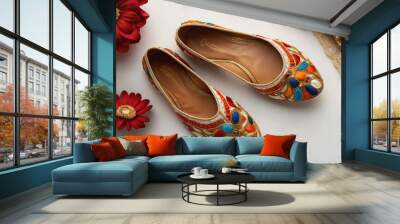 Traditional jutti shoes with embroidery and crystals. Handmade Punjabi jutti, Indian embroided shoes, close up Wall mural