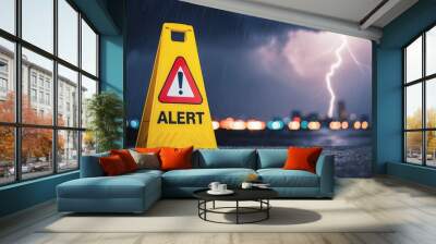 Weather alert. Yellow warning sign with exclamation sign pointing to bad and dangerous weather conditions. Severe weather and storm Wall mural