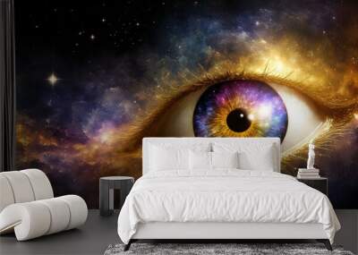 Eye with galaxy in the iris and universe in the background Wall mural