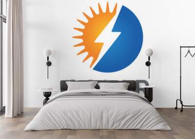 solar energy solution logo design template with sun, electricity bolt icon and blue solar panel Wall mural