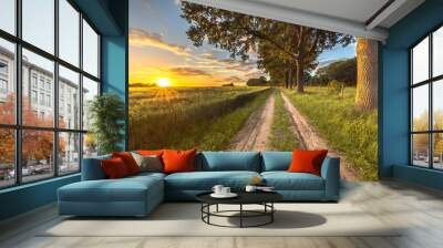 Wheat field along old oak track Wall mural