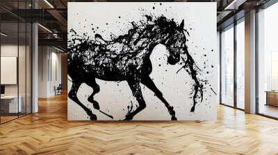 Illustration of black and white horse in paint splashes. Majestic portrait. Big head of animal, dripping oil and water painting of a wild mammal. Watercolor drawing. 3D illustration. Wall mural