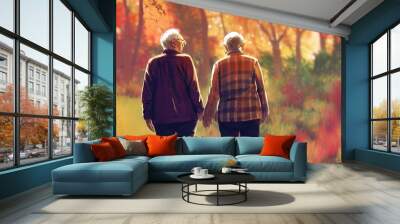 Middle age, mature, old couple walking in the autumn forest Elderly husband and wife character portrait, digital modern poster detailed image. Watercolor or acrylic style. 3D illustration Wall mural