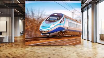 Modern high speed aerodynamic streamlined electric train passing by. Wall mural