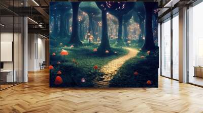 Surreal fantasy land with large forest full of all sizes mushrooms. Beautiful magical fairy tale enchanted forest. Surreal, abstract, highly detailed, lifelike, 3d illustration, digital painting. Wall mural