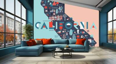 Cartoon map of California. USA. Print Design Wall mural