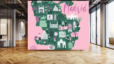 Cartoon map of Madrid. Spain. Print design Wall mural