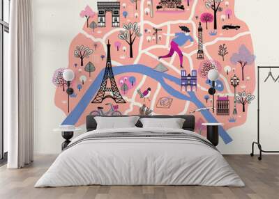 Cartoon Map of Paris with Legend Icons. Print Design Wall mural