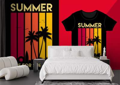 Retro Summer Beach T-shirt Design Illustration. Vintage Surfing T-Shirt Design Vector Template Wall mural