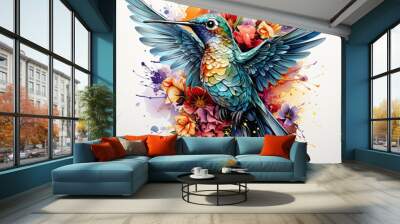 watercolor Stunning Humming bird in flowers clipart, Generative Ai Wall mural