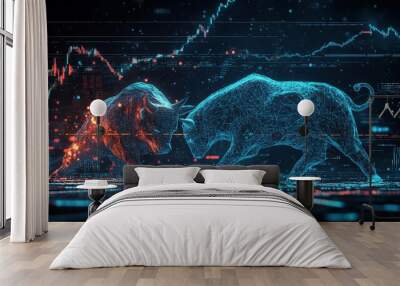 A complex digital scene of a low polygonal bull and bear in combat, with a rich background of stock market charts, demonstrating the clash of financial forces, Wall mural