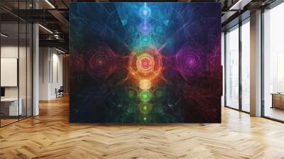 A detailed graphic of the human chakra system, with each chakra point illuminated by powerful sound waves, creating a sense of balance and energy flow Wall mural