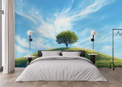 A lone maple tree stands on a bright green hill, set against a vast blue sky with wispy clouds, evoking solitude and calmness. Wall mural