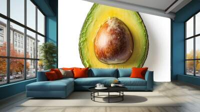 A ripe avocado, sliced in half with the seed visible, floating with a slight separation between the halves, showing the creamy texture, isolated on a white background Wall mural