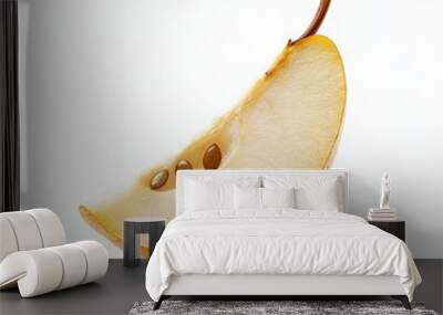 A ripe pear, sliced into thin wedges, floating with a gentle curve, showing the soft texture and seeds, isolated on a white background Wall mural