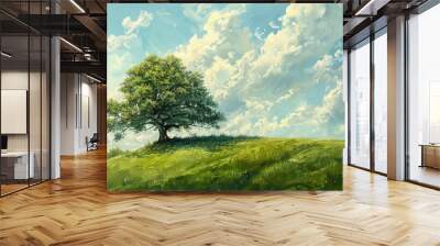 A single elder tree stands on a bright green hilltop, beneath a serene sky with soft, fluffy clouds, symbolizing solitude and tranquility in harmonious acrylic shades. Wall mural