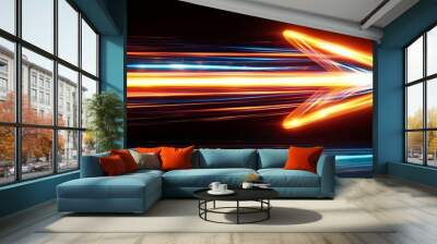 An arrow formed by bright, swirling light trails, pointing dynamically to the right with a sense of speed and motion on a black background, clear light, realistic photo lifelike 8K Wall mural