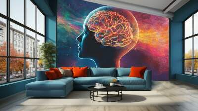 An illustration of sound waves enveloping a human brain, connecting to cosmic energy sources, highlighting the power of subconscious treatment music Wall mural