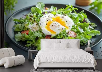 Burrata mantel salad with poached egg, Canon R5 DSLR, closeup, black plate, high resolution, foreground bokeh, natural lighting, photorealistic quality Wall mural