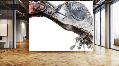 Close-up of an excavator claw demolishing a suburban home, with rubble details on a white background Wall mural