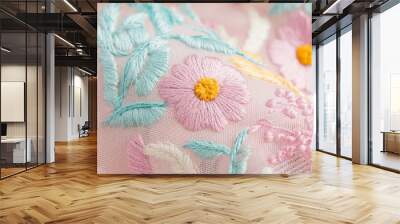 Delicate floral embroidery on soft fabric showcases intricate details and vibrant colors, creating beautiful texture that adds elegance to any design Wall mural