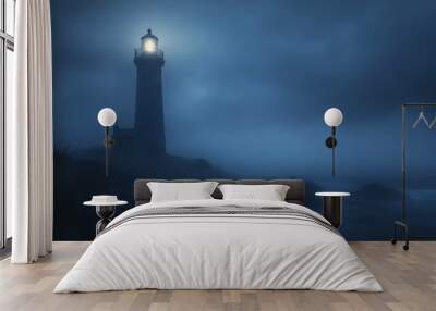 lighthouse standing tall against moody, foggy backdrop, illuminating dark sea with its guiding light. scene evokes sense of mystery and tranquility Wall mural