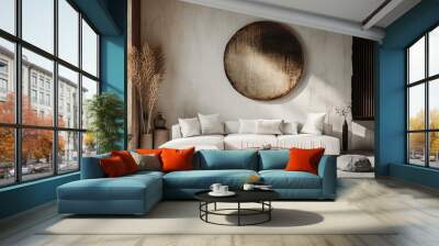 Photo realistic living room, white couch centerpiece, abstract minimalism, sleek round shapes, stone and wood accents, Japanese style painting, centered composition, wooden decor, industrial minimal Wall mural