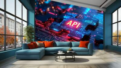 vibrant digital puzzle piece withtext API illuminated, symbolizing technology and connectivity.image conveyssense of innovation and integration.  Wall mural