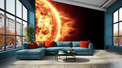 Realistic 3d illustration of Sun surface with solar flares, Burning of the sun with copy space. Highly realistic sun surface. Science and space background. Wall mural