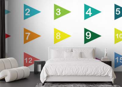 Number Bullet Point Colorful Triangles 1 to 15 Vector. Colorful baler bullets template direction shape markers next number cursor button web set flat vector elements. Vector illustration. Eps file 56. Wall mural