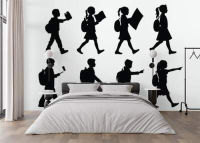 Vector silhouette of school kids back to school illustration template Wall mural