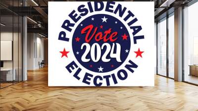 Vote 2024 logo, badge, label, stamp. USA Presidential election 2024 banner, poster, greeting card. Political election campaign banner. Red and blue text with stars. Wall mural