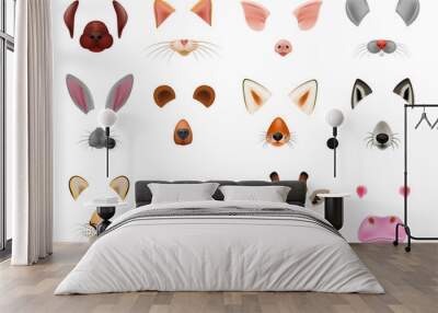 Animal mask vector animalistic masking face of wild characters bear wolf rabbit and cat or dog on masquerade illustration set of carnival masked costume monkey masquer isolated on white background Wall mural