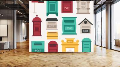 Beautiful rural curbside open and closed mailboxes with semaphore flag vector illustration. Traditional communication empty postage post mail box. Letter message post mail box service correspondence. Wall mural